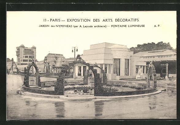 Ak paris exposition des arts decoratifs 1925 jardin des nympheas laprade arch fontaine lumineuse