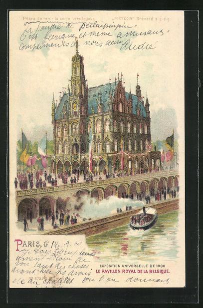 Lithographie paris exposition universelle de 1900 le pavillon royal de la belgique halt gegen das licht