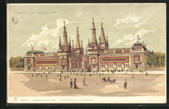 Lithographie paris exposition universelle de 1900 palais de la ceramique halt gegen das licht