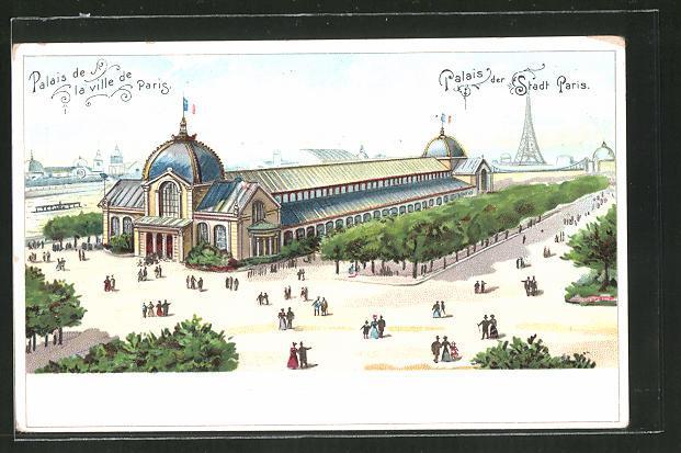 Lithographie paris exposition universelle de 1900 palais de la ville de paris