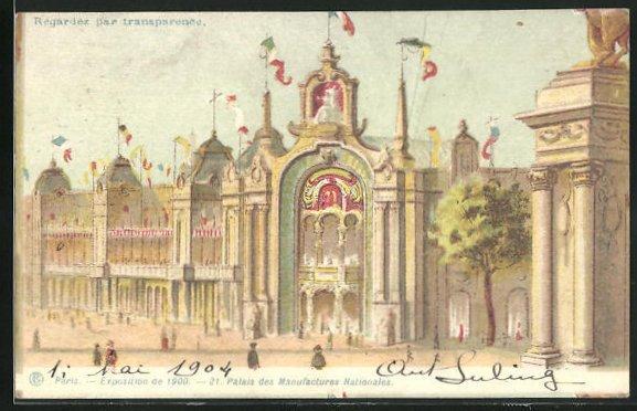 Lithographie paris exposition universelle de 1900 palais des manufactures nationales halt gegen das licht