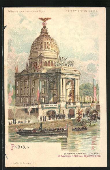 Lithographie paris exposition universelle de 1900 pavillon national des etats unis halt gegen das licht